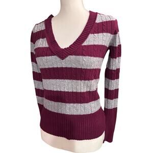 Juniors Size Medium Vintage American Eagle Maroon White Striped V-Neck Sweater!